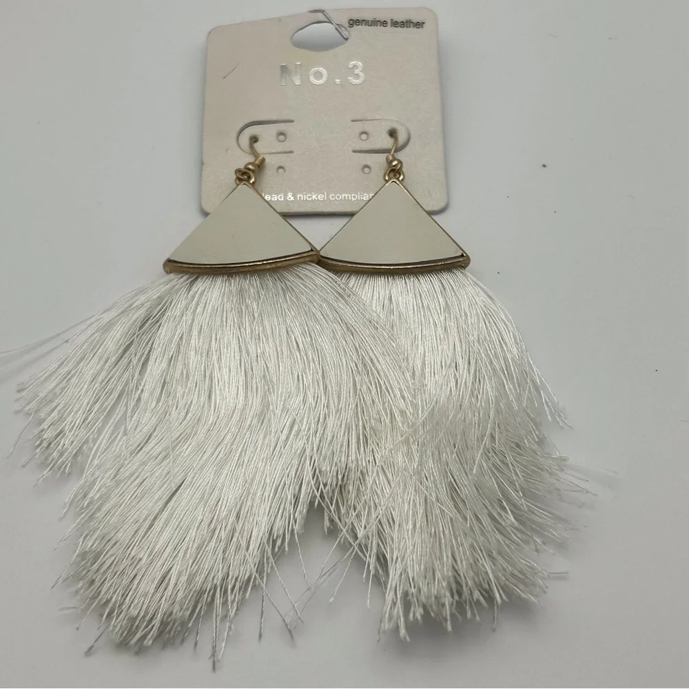 No. 3 White Genuine Leather Dangle Large Tassel Earrings Gold Tone Hook